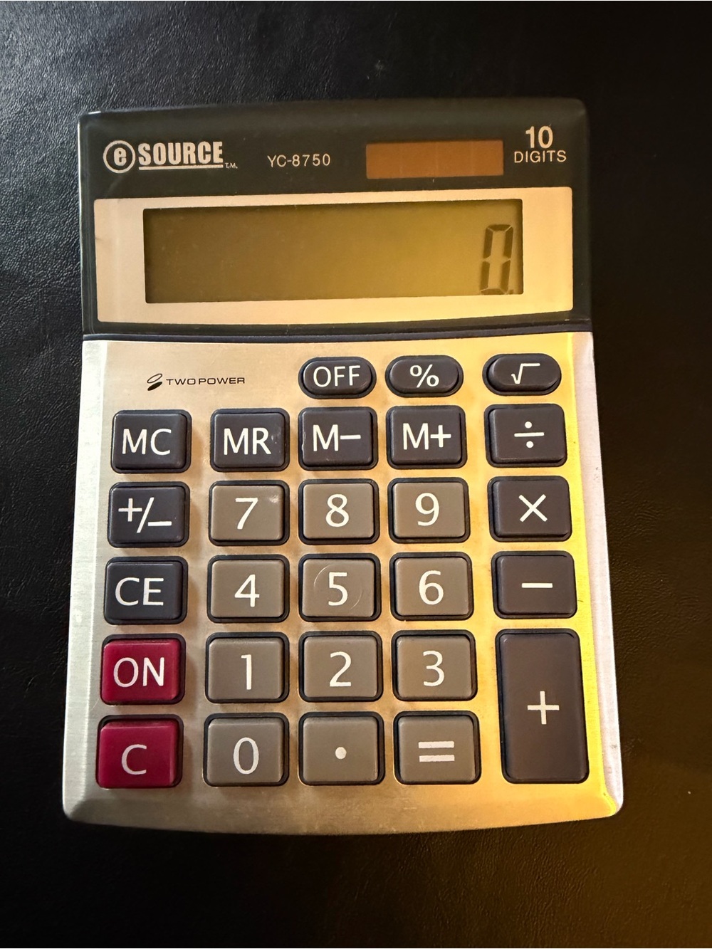 YC-8750 Silver Desktop Calculator with Black and Red Keys